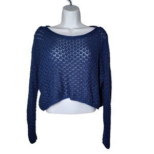 Olive + Oak Navy Blue Open Knit Cropped Sweater Boat Neck Slouchy M NWT